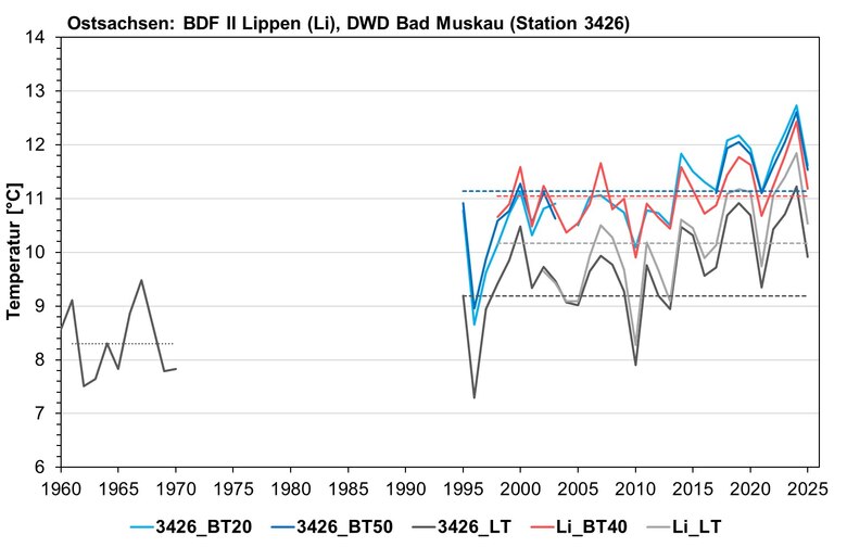 Das Bild zeigt den Verlauf der Lufttemperaturen und Bodentemperaturen als Jahresmittelwerte in °C an der BDF II Lippen und der DWD-Station Bad Muskau.