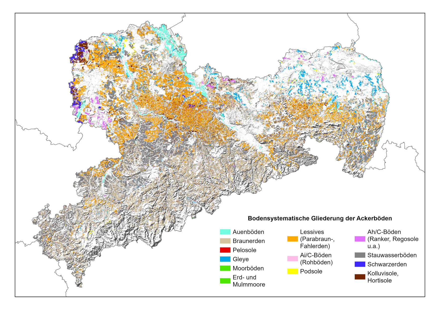 Das Bild zeigt die räumliche Verbreitung der Ackerböden in Sachsen.