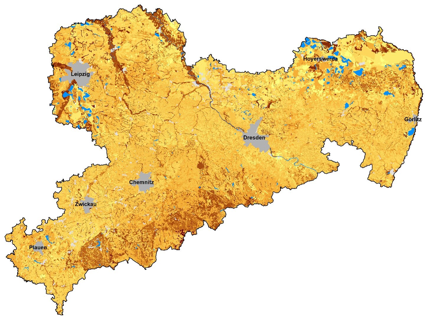 Das Bild zeigt die Karte von Sachsen mit den Kohlenstoffvorräten in Böden.