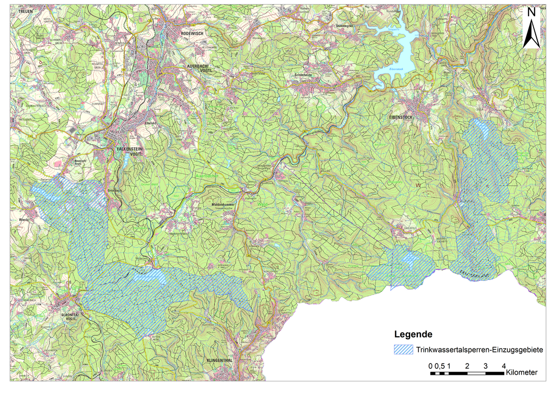 Kartenausschnitt von Südwestsachsen mit den farbig markierten Einzugsgebieten jener Trinkwassertalsperren, die DOC-belastet sind