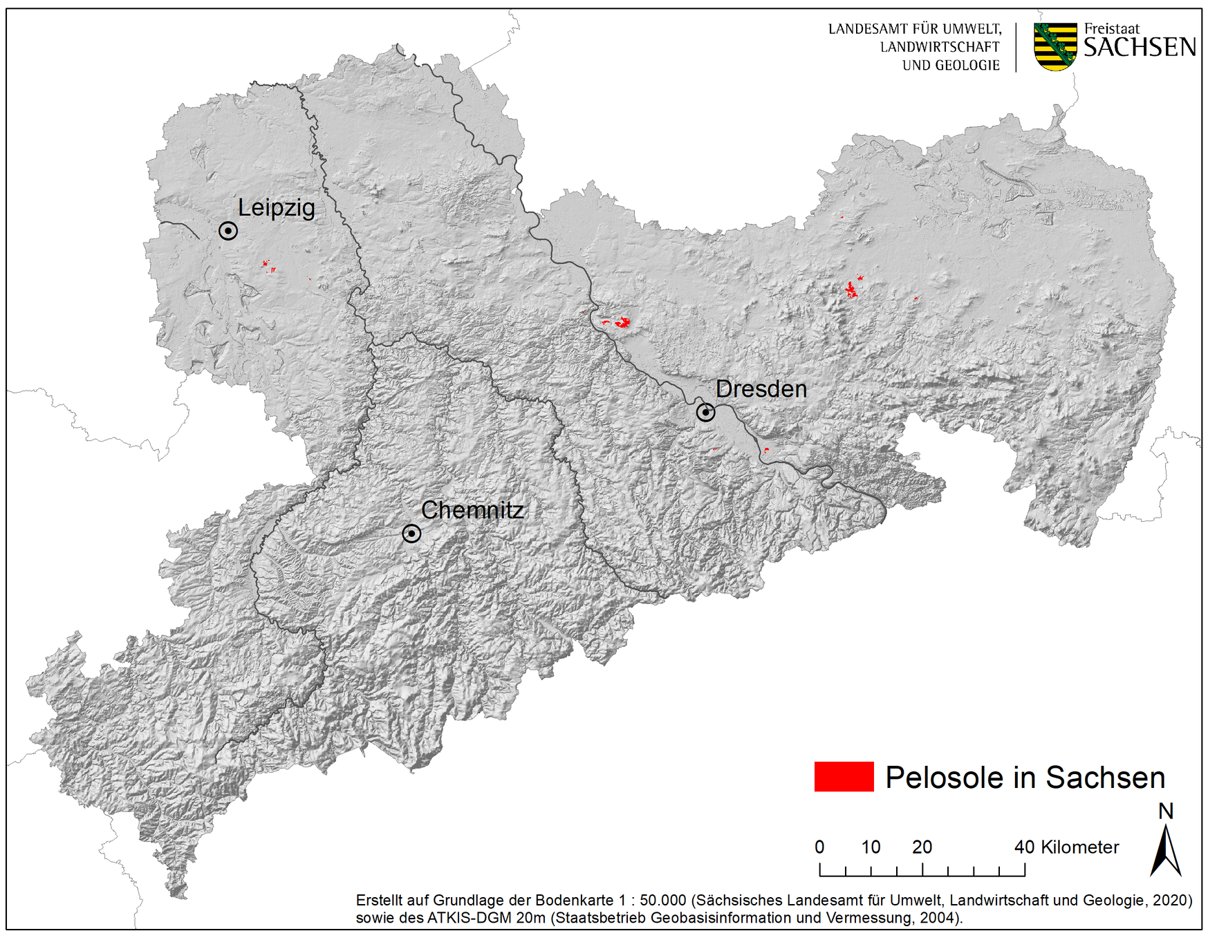 Die Karte zeigt die räumliche Verbreitung des Pelosol in Sachsen