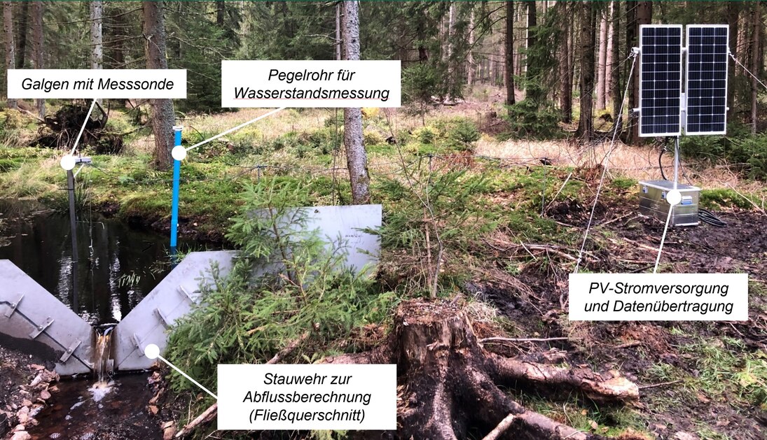 Schematisch-beschriftete Bestandtteile der Messstationen im bewaldeten Moorgebiet