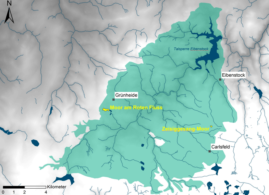 topographische Kartendarstellung mit Pojekt-Gebieten im türkis-eingefärbtem Einzugsgebiets der Talsperre Eibenstock