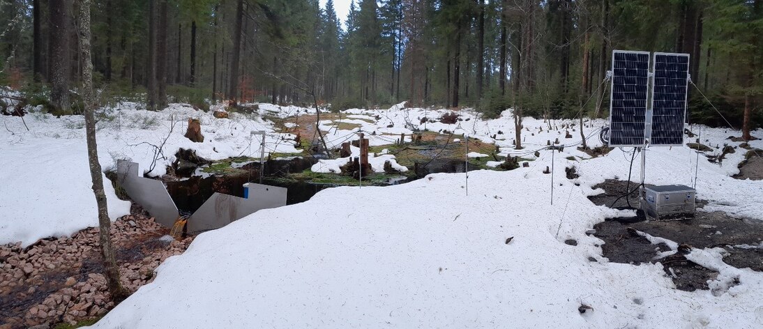 Schneebedeckte Waldlandschaft mit Messstationen