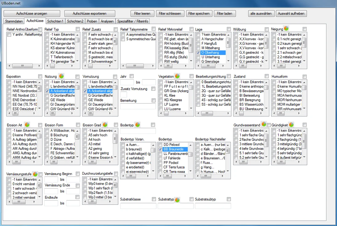 Die Abbildung zeigt das Filtermodul der Software UBoden.net