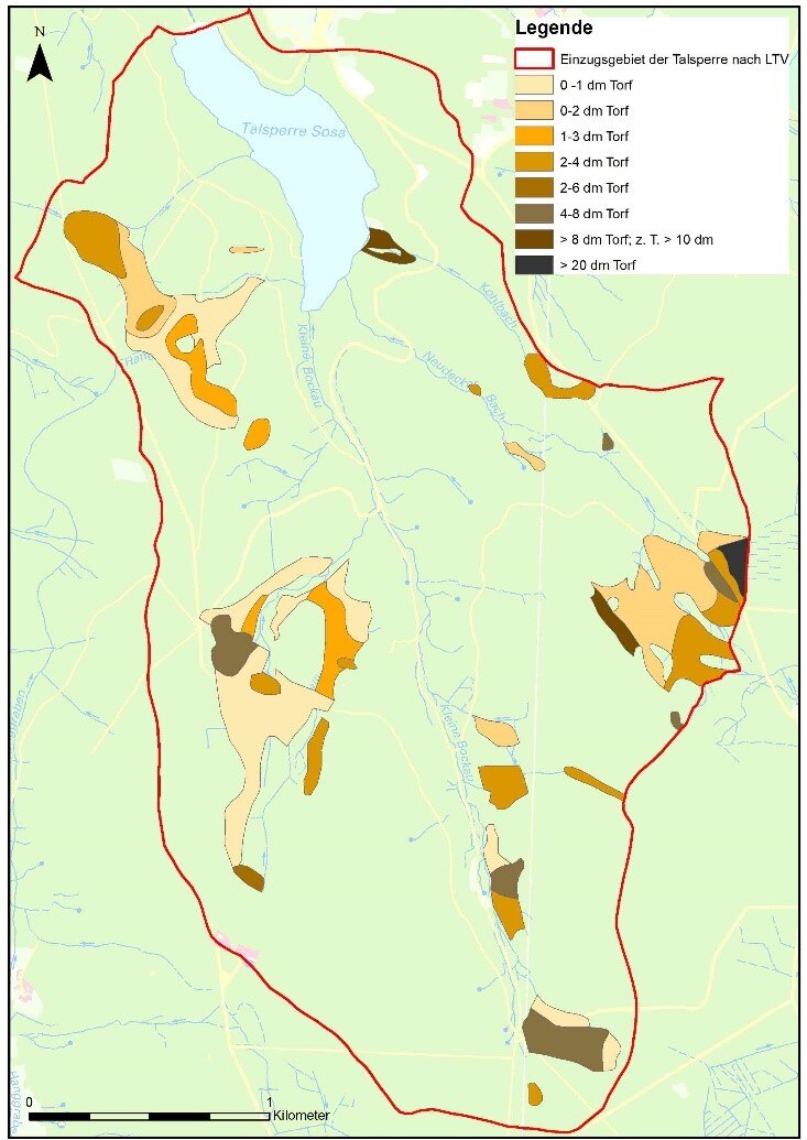 Kartenausschnitt mit eingefärbten Arealen der verschiedenen Torfmächtigkeiten im Einzugsgebiet der Talsperre Sosa