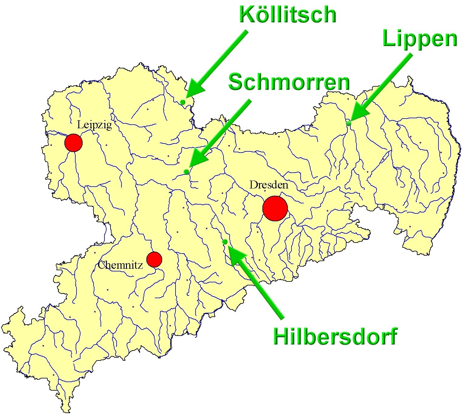 Das Bild zeigt die Lage der vier BDF im Freistaat Sachsen