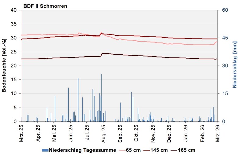 Das Bild zeigt den Verlauf der Bodenfeuchten und Niederschlagssummen in den letzten 12 Monaten.