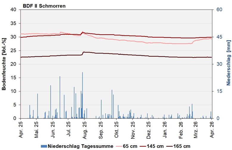 Das Bild zeigt den Verlauf der Bodenfeuchten und Niederschlagssummen in den letzten 12 Monaten.