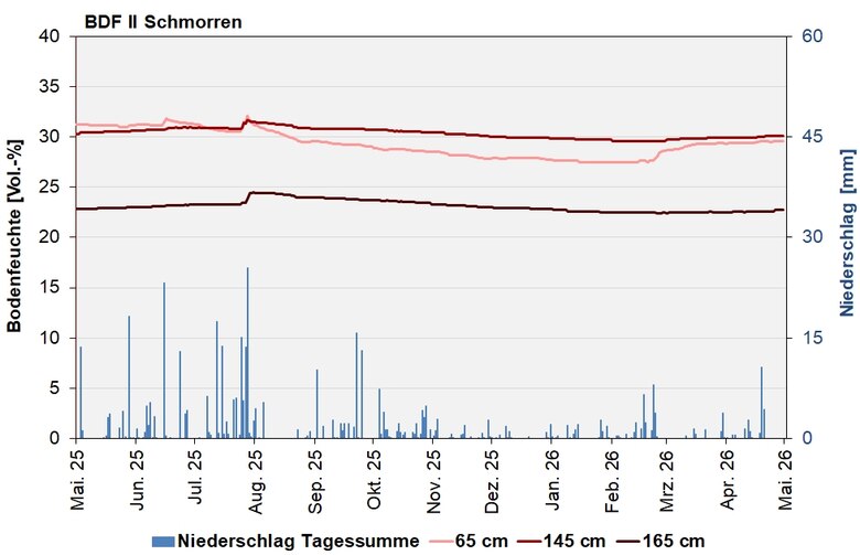 Das Bild zeigt den Verlauf der Bodenfeuchten und Niederschlagssummen in den letzten 12 Monaten.