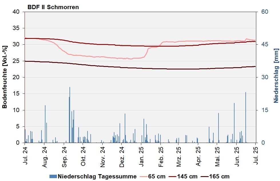 Die Abbildung zeigt den Verlauf der Bodenfeuchten und der Niederschläge als Tagessummen in den letzten 12 Monaten in Schmorren.