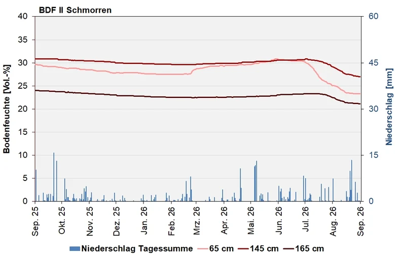 Das Bild zeigt den Verlauf der Bodenfeuchten und Niederschlagssummen in den letzten 12 Monaten.