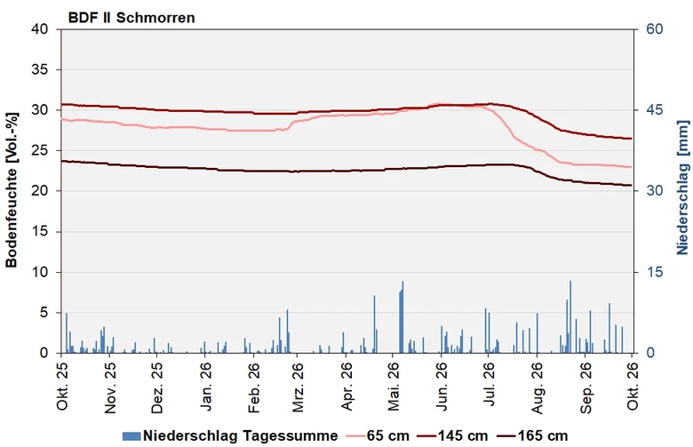 Das Bild zeigt den Verlauf der Bodenfeuchten und Niederschlagssummen in den letzten 12 Monaten.
