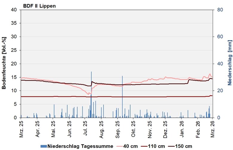 Das Bild zeigt den Verlauf der Bodenfeuchten und Niederschlagssummen in den letzten 12 Monaten.