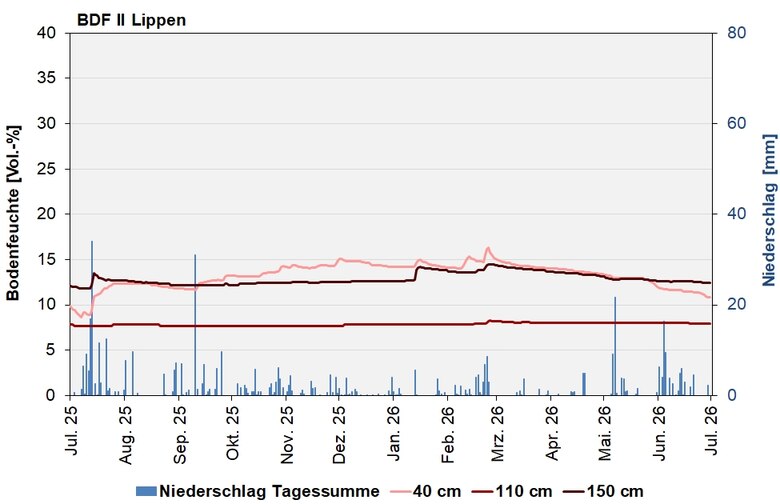 Das Bild zeigt den Verlauf der Bodenfeuchten und Niederschlagssummen in den letzten 12 Monaten.