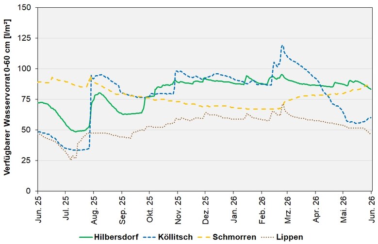 Das Bild zeigt den absolut pflanzenverfügbaren Wasservorrat im Wurzelraum an den BDF-II-Stationen in den letzten 12 Monaten.