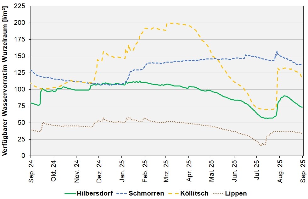 Die Grafik zeigt den absolut pflanzenverfügbaren Wasservorrat im effektiven Wurzelraum an den BDF-II-Stationen in den letzten 12 Monaten.