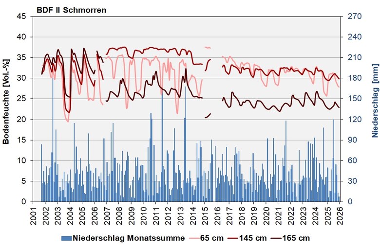 Das Bild zeigt den Verlauf der Bodenfeuchten und der Niederschläge seit 2001.