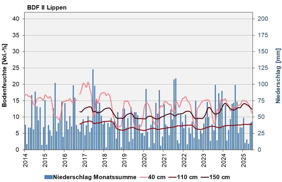Die Abbildung zeigt den Verlauf der Bodenfeuchten und der Niederschläge als Monatssummen in den letzten 10 Jahren in Lippen.