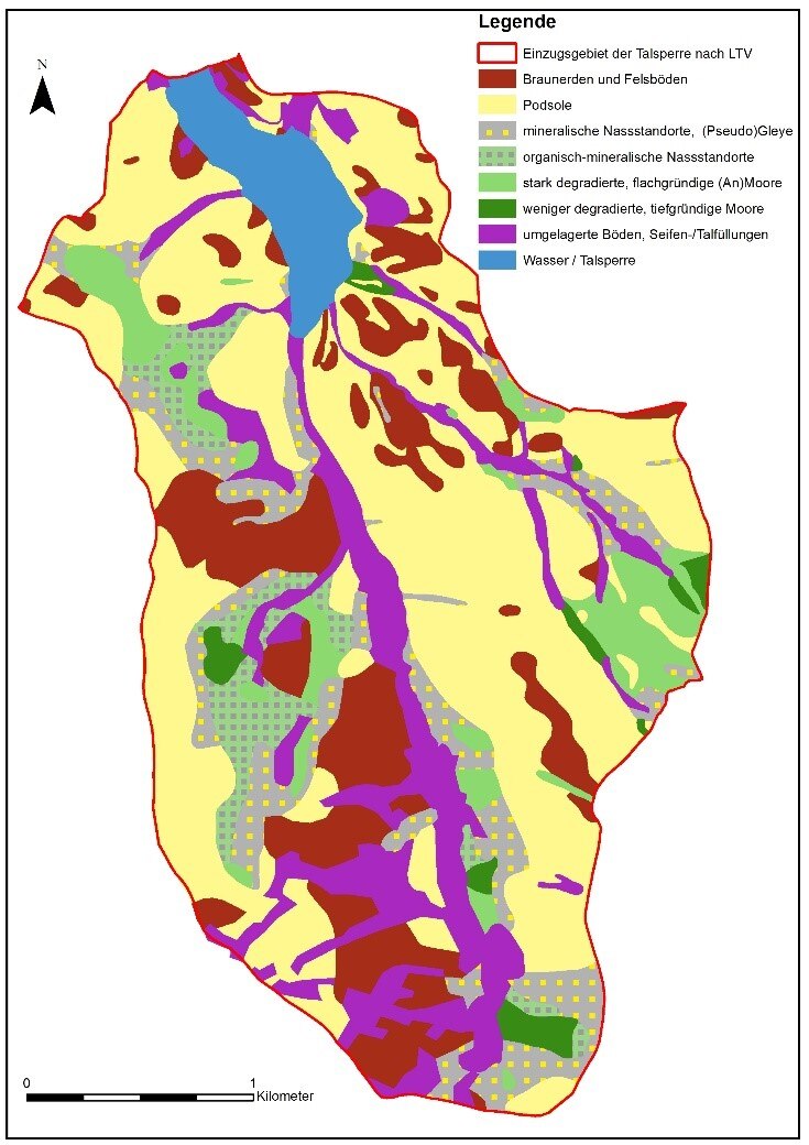 Kartenausschnitt mit eingefärbten Arealen der verschiedenen Bodenformen im Einzugsgebiet der Talsperre Sosa