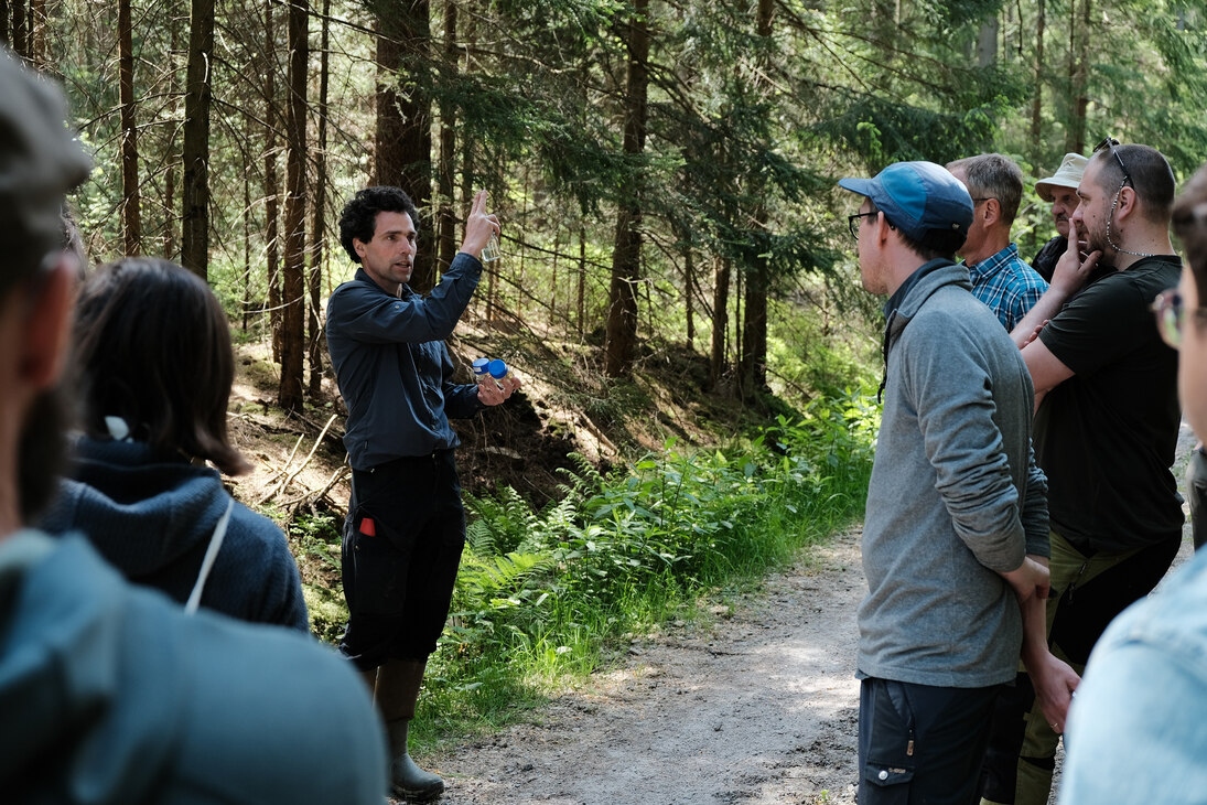 Die Exkursionsgruppe befindet sich im Wald und wird geführt von Dr. Conrad Jackisch der TU Freiberg. 