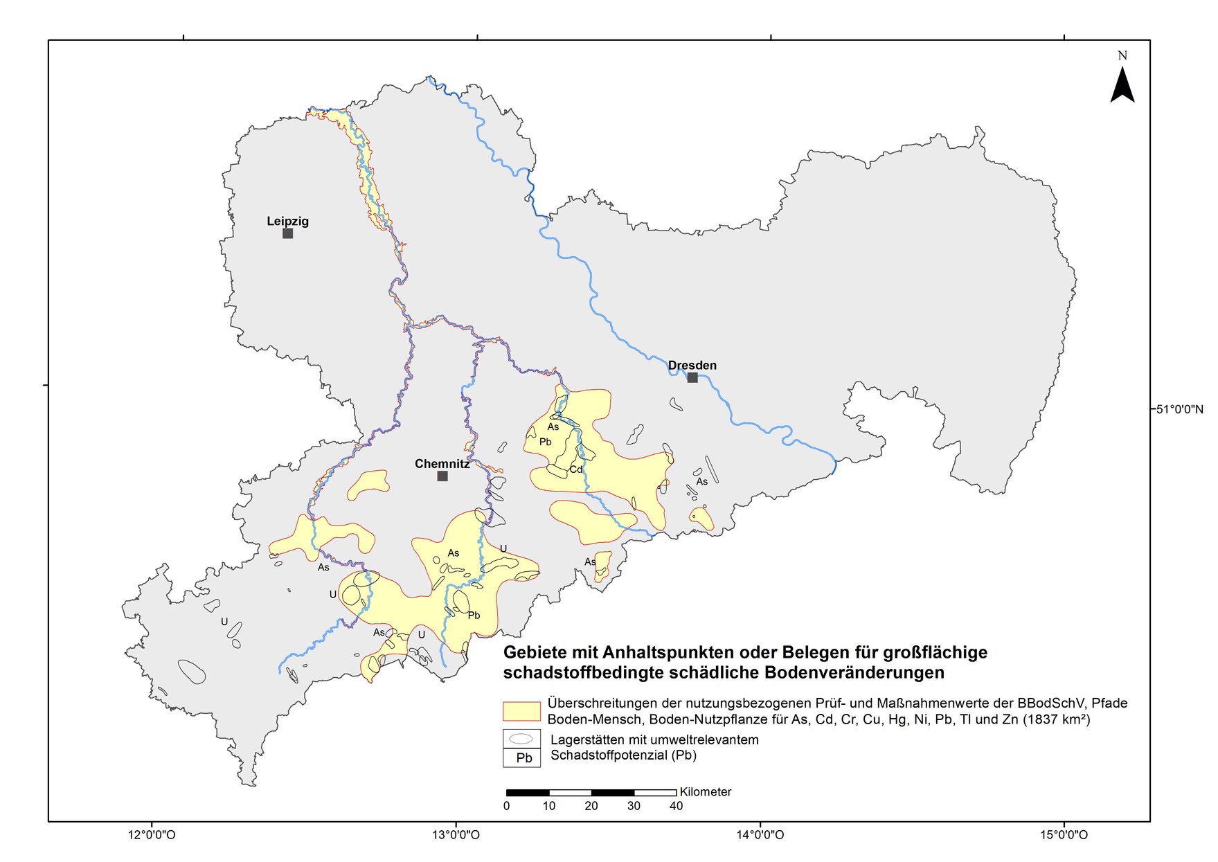 Kartendarstellung Sachsens mit farblich hervorgehobenen Gebieten mit erhöhten Schadstoffgehalten