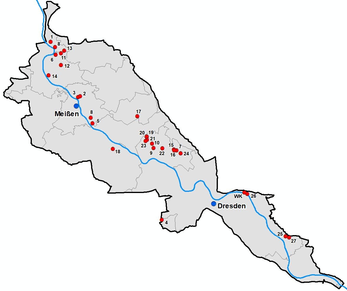 Kartendarstellung der räumlichen Lage der Weinbergsböden, für die Steckbriefe erstellt wurden.